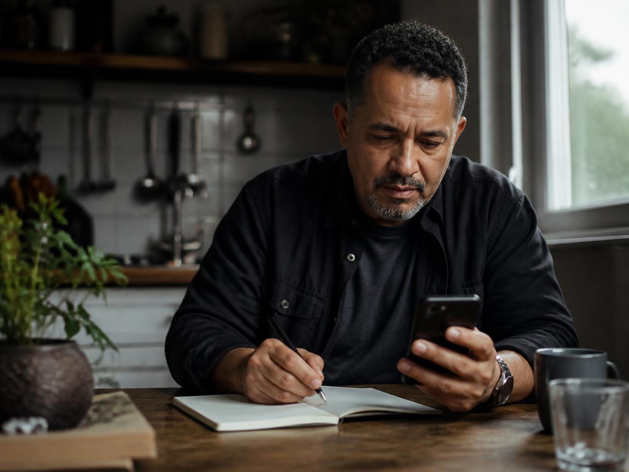 Pequeno empreendedor organizando seu projeto com celular e caderno em casa