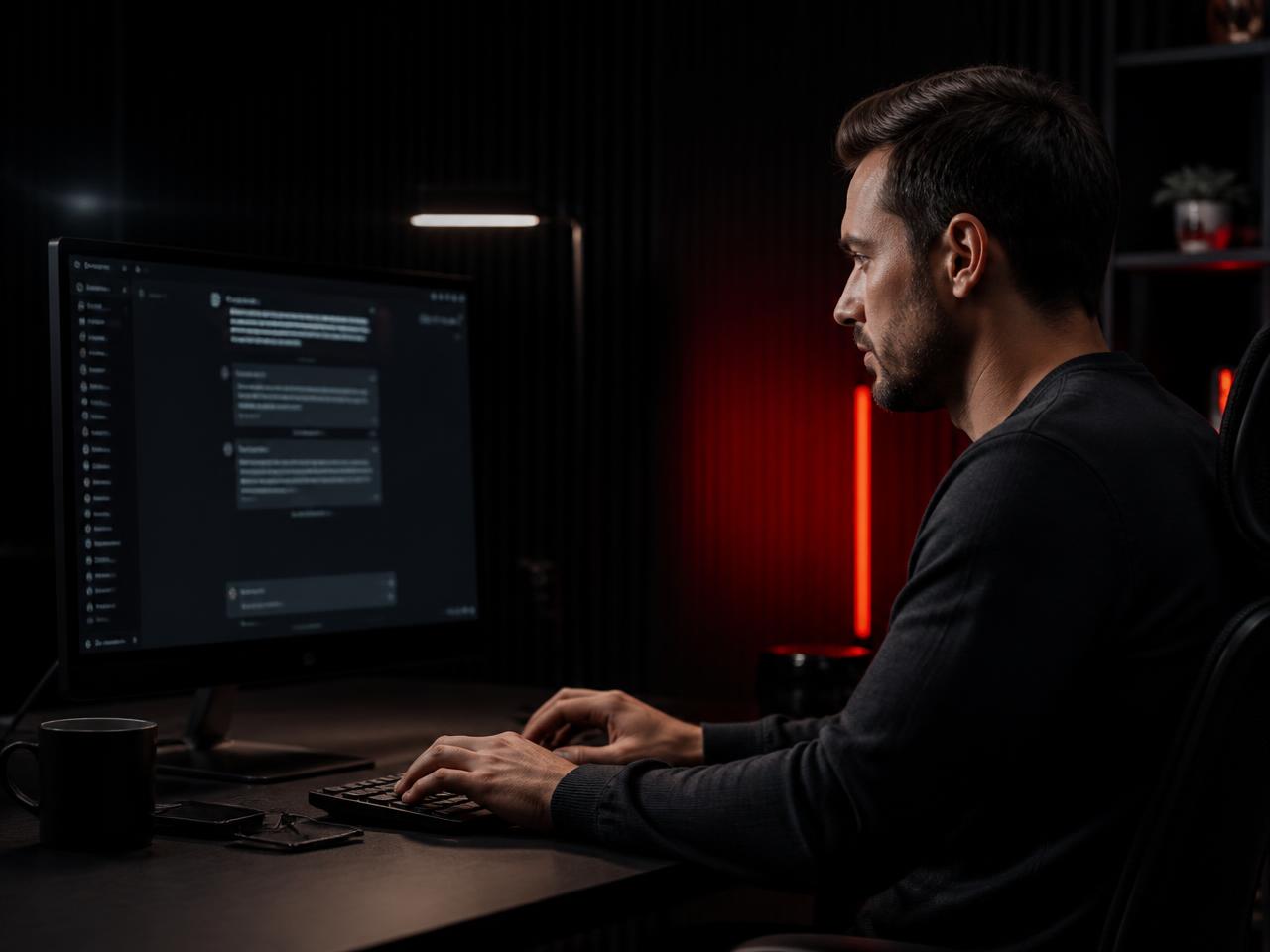 Homem utilizando uma ferramenta de Inteligência Artificial no computador