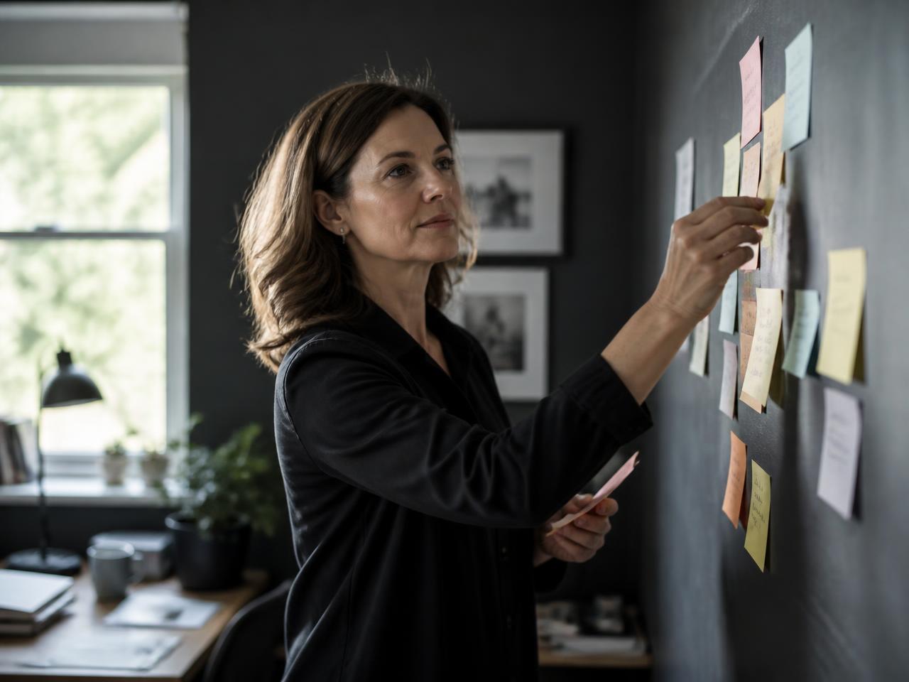 Mulher adulta organizando ideias em um quadro no escritório de casa