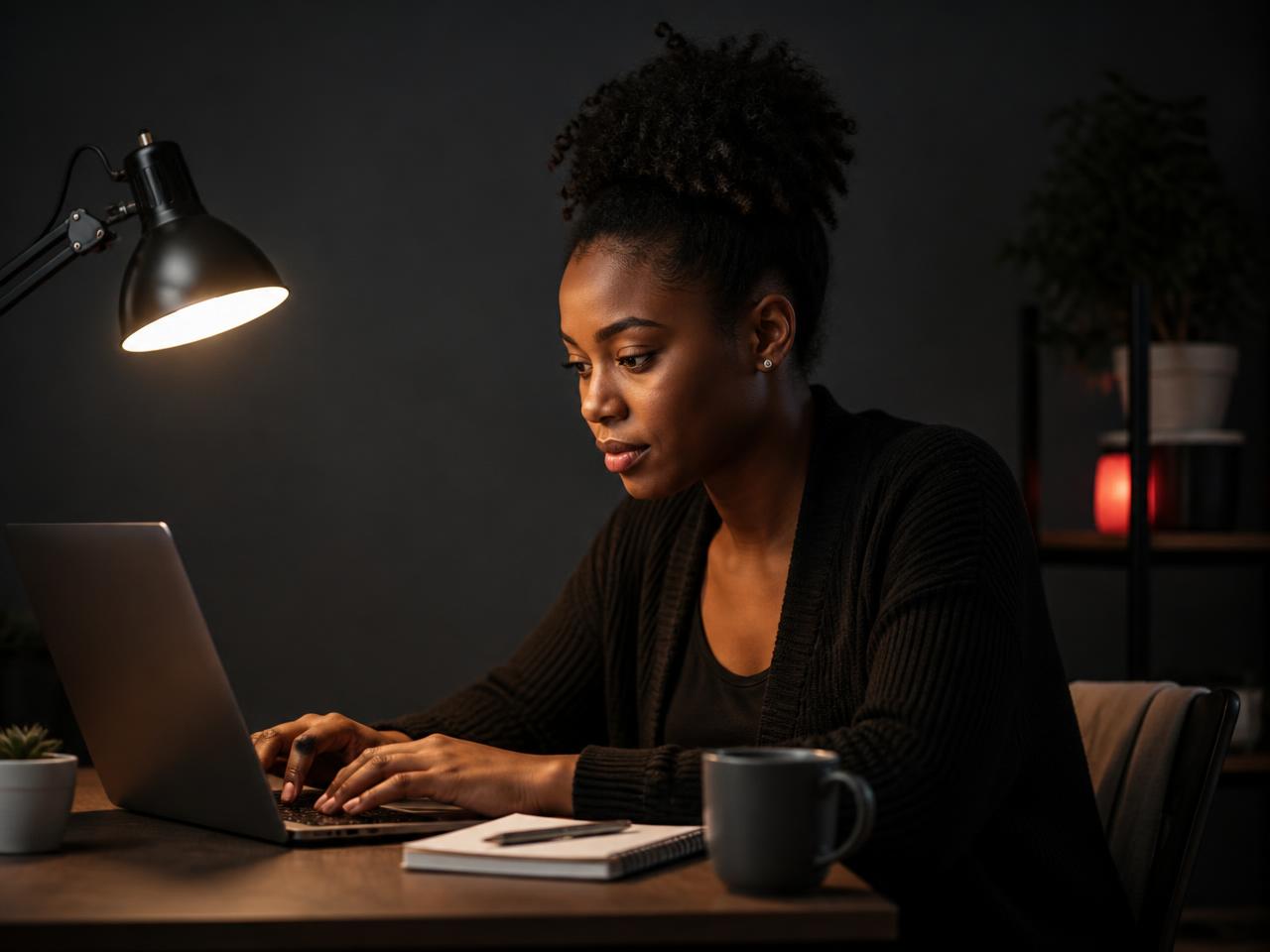 Mulher jovem planejando um produto digital no notebook em casa